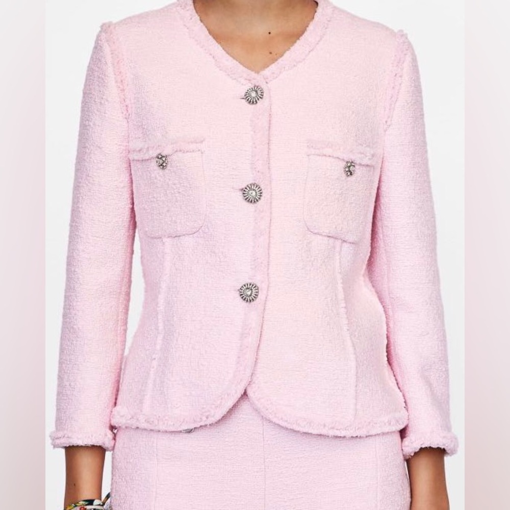 Zara Pink Tweed Blazer | Pink Textured Blazer | Sequin Button Jacket